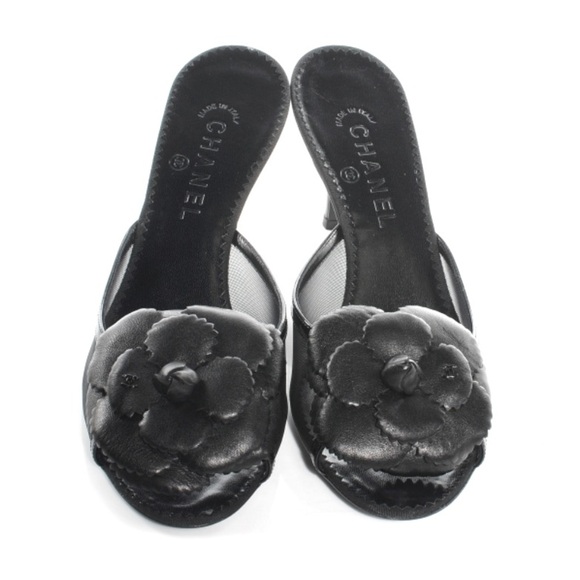 Chanel Lambskin Mesh Camellia Mules logo black kitten heels spring designer - Picture 1 of 8